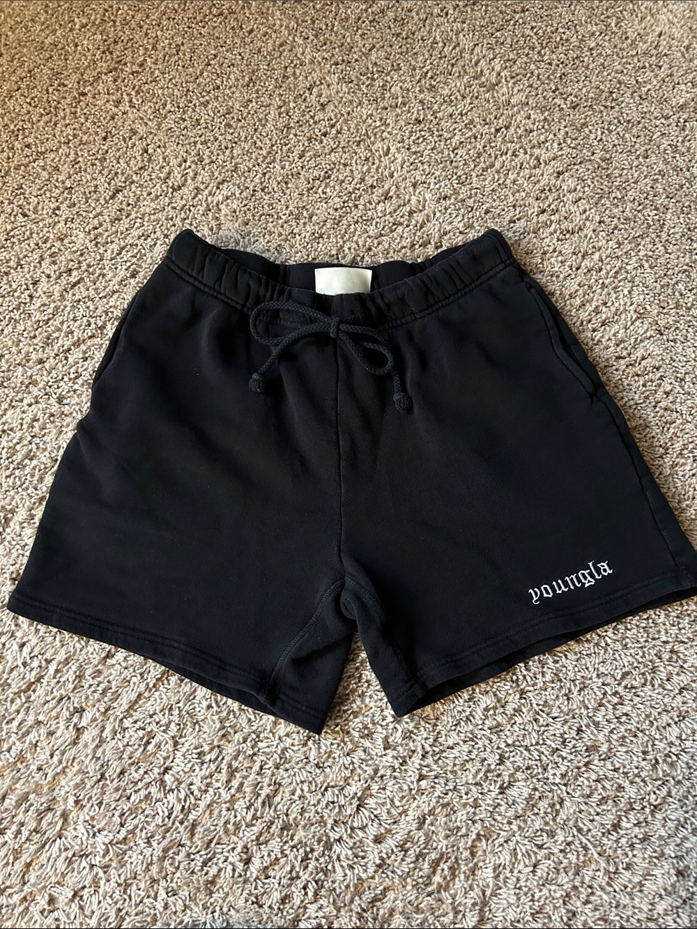 YoungLA Black Shorts with White Logo Embroidery
